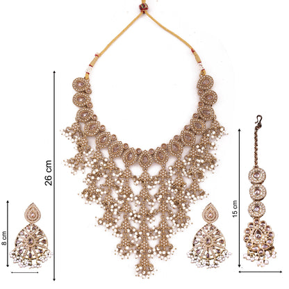Antique Gold Polki Cascade Bib Necklace Set with Earrings &amp; Maang Tikka, alternate view