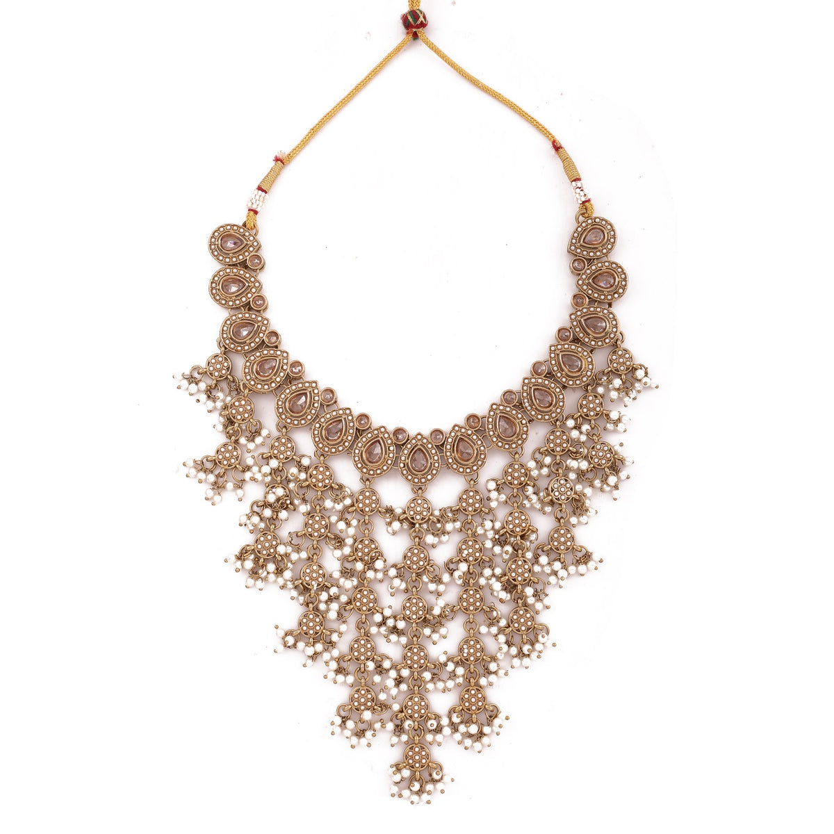 Antique Gold Polki Cascade Bib Necklace Set with Earrings &amp; Maang Tikka, alternate view