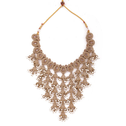 Antique Gold Polki Cascade Bib Necklace Set with Earrings &amp; Maang Tikka, alternate view