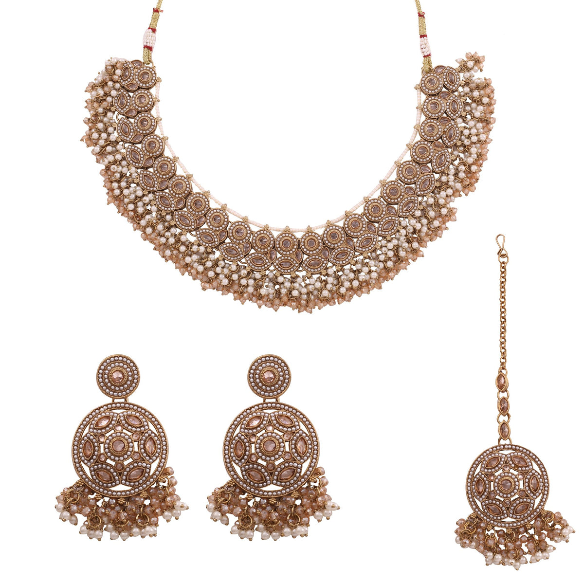 Antique Gold Pearl Cluster Choker Set with Chandbalis &amp; Maang Tikka