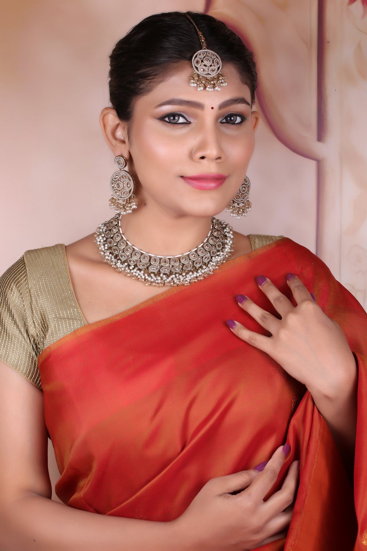 Antique Gold Pearl Cluster Choker Set with Chandbalis &amp; Maang Tikka, worn by model