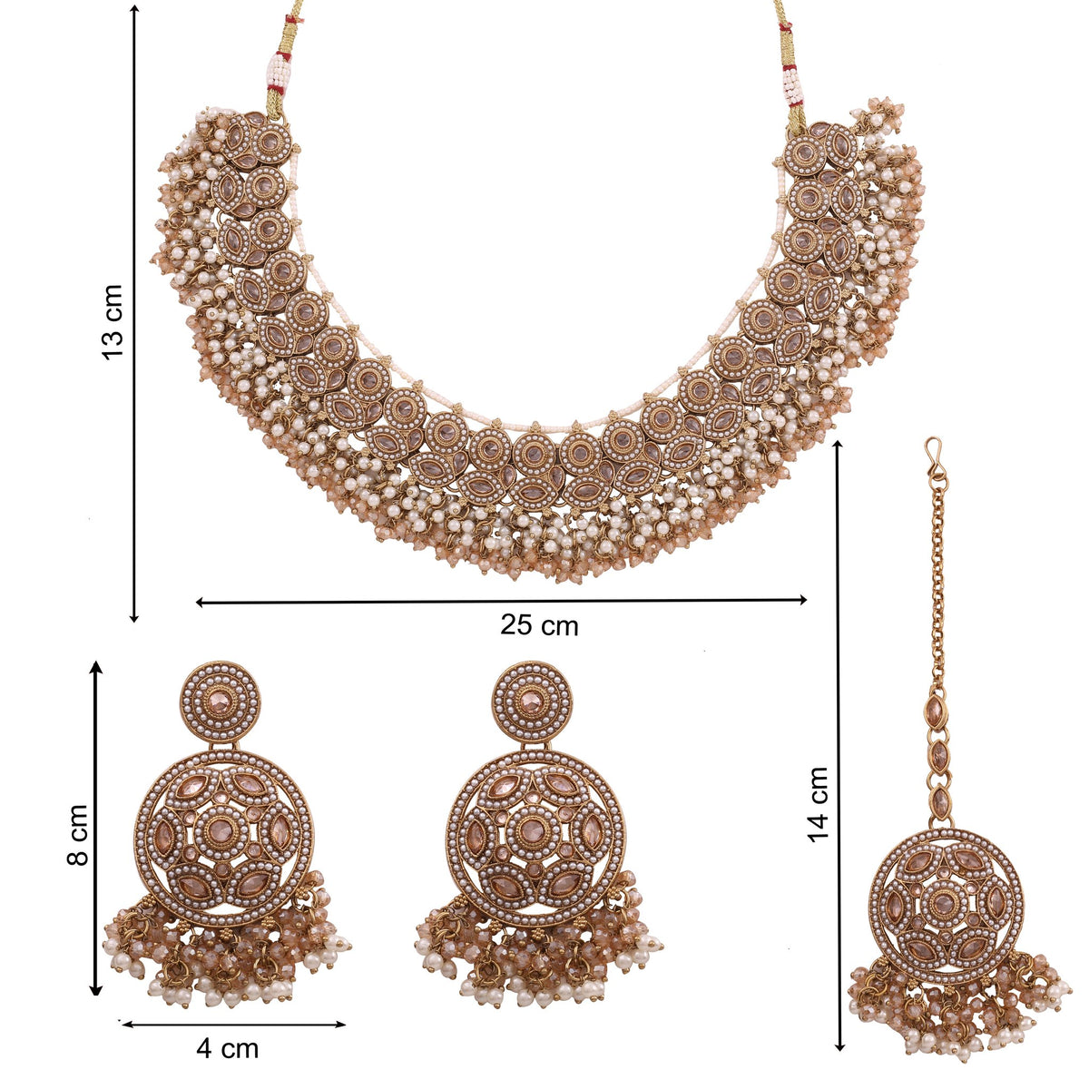 Antique Gold Pearl Cluster Choker Set with Chandbalis &amp; Maang Tikka, with dimensions