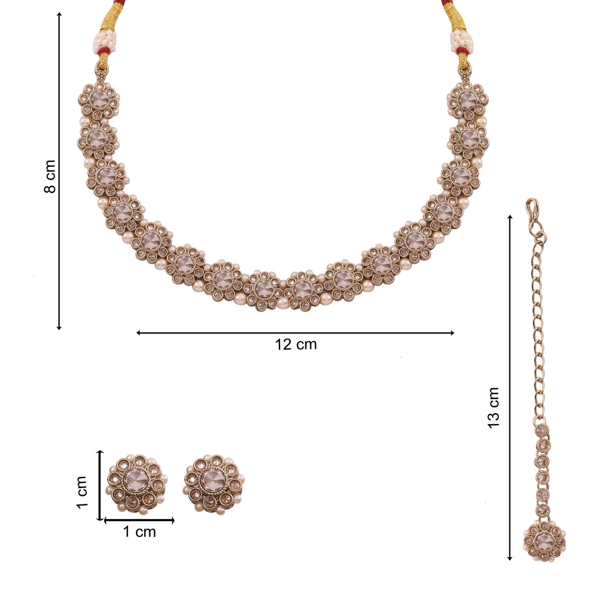 Champagne Polki Floral Necklace Set with Studs &amp; Maang Tikka