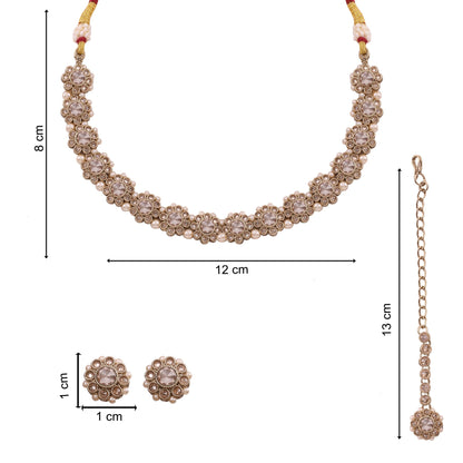 Champagne Polki Floral Necklace Set with Studs &amp; Maang Tikka
