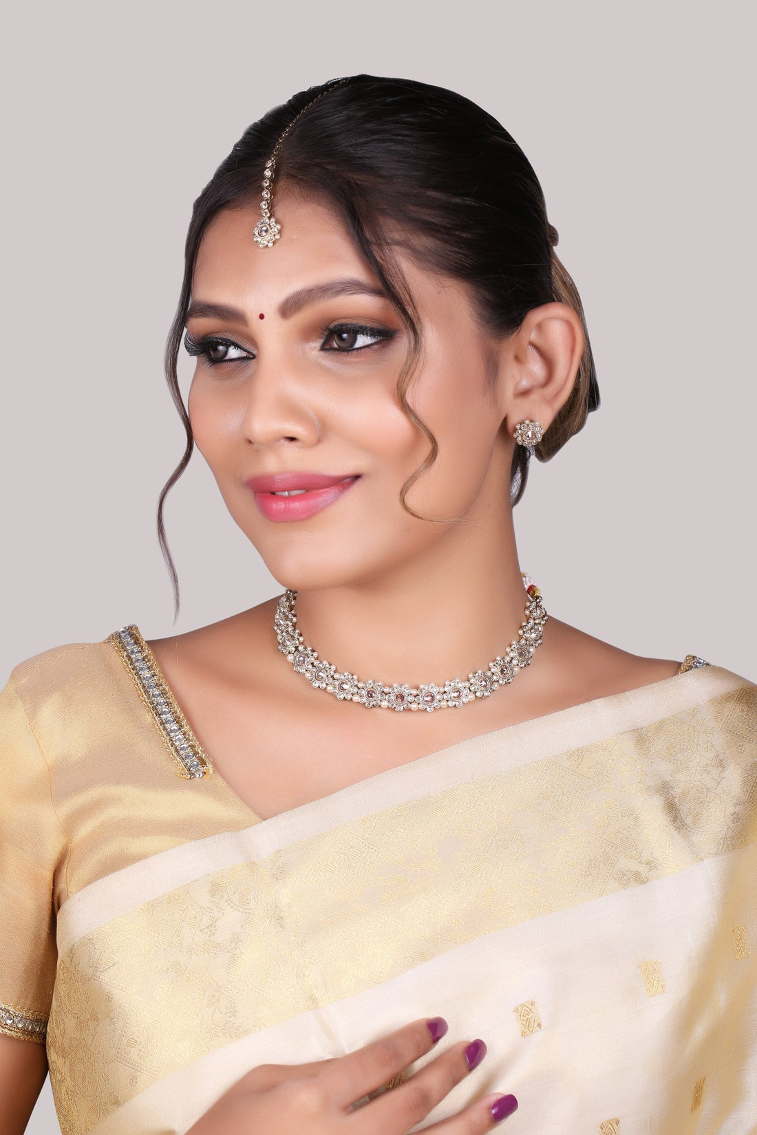 Champagne Polki Floral Necklace Set with Studs &amp; Maang Tikka, worn by model