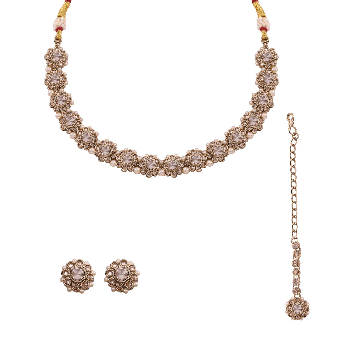 Champagne Polki Floral Necklace Set with Studs &amp; Maang Tikka, with dimensions