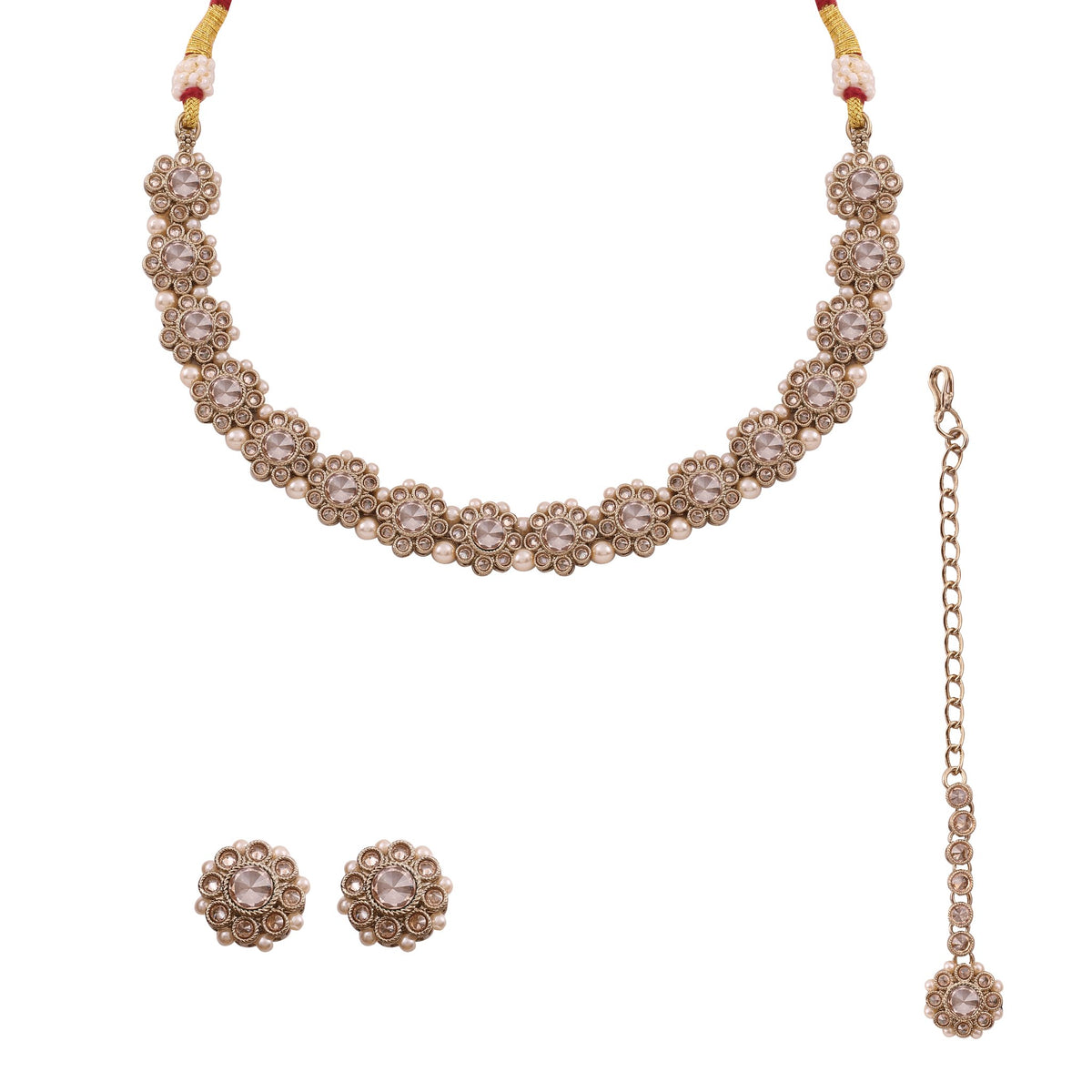 Champagne Polki Floral Necklace Set with Studs &amp; Maang Tikka, with dimensions