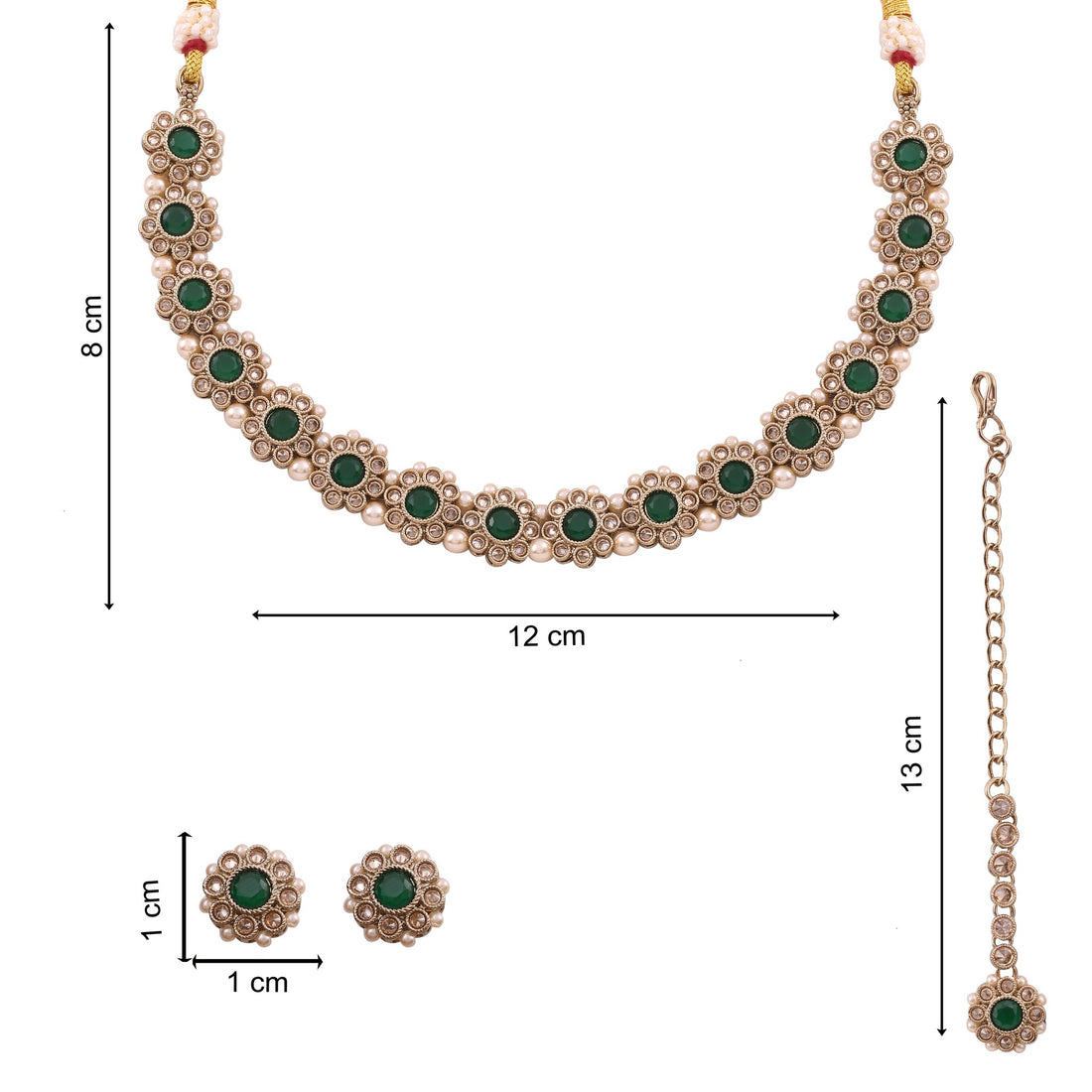 Emerald Green Polki Floral Necklace Set with Studs &amp; Maang Tikka