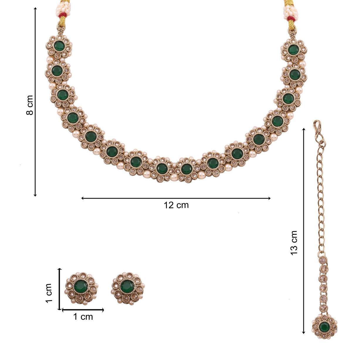 Emerald Green Polki Floral Necklace Set with Studs &amp; Maang Tikka
