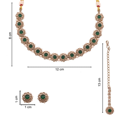 Emerald Green Polki Floral Necklace Set with Studs &amp; Maang Tikka