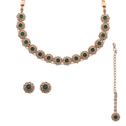 Emerald Green Polki Floral Necklace Set with Studs &amp; Maang Tikka, alternate view