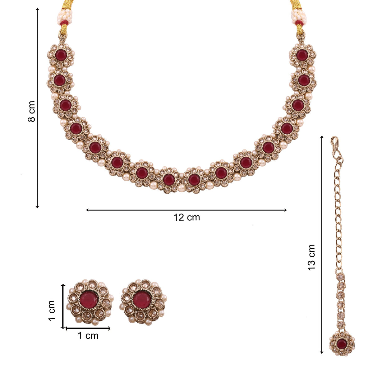 Ruby Red Polki Floral Necklace Set with Studs &amp; Maang Tikka