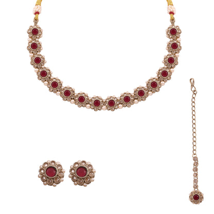 Ruby Red Polki Floral Necklace Set with Studs &amp; Maang Tikka, with dimensions
