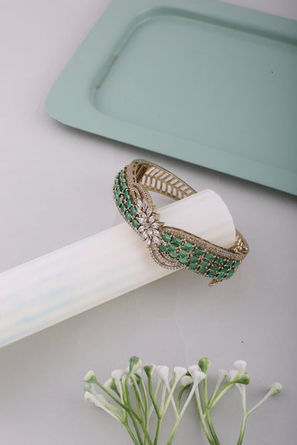 Emerald Green Crossover American Diamond Kada, styled flat lay
