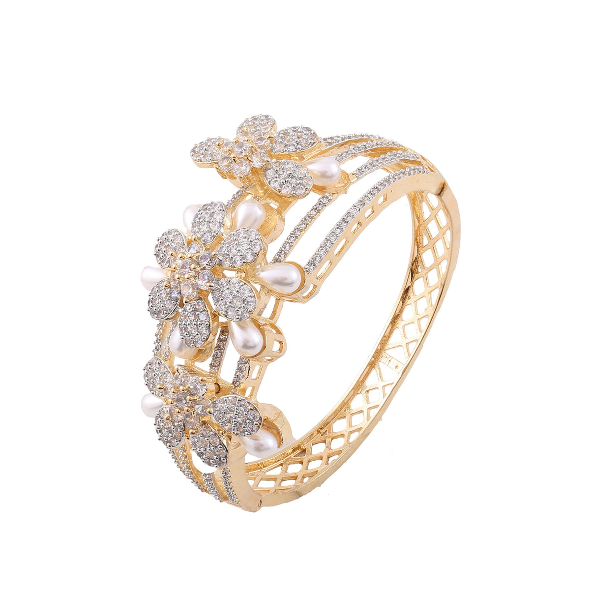 Pearl Flower American Diamond Kada - Gold