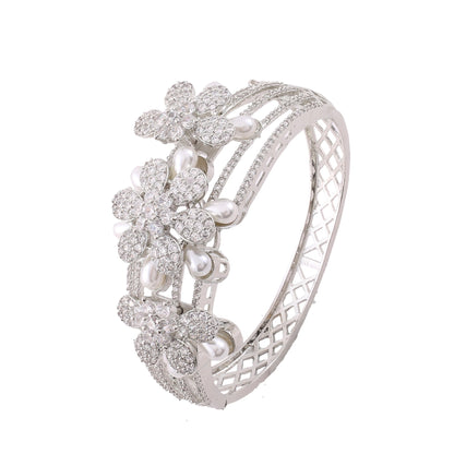 Pearl Flower American Diamond Kada - Silver
