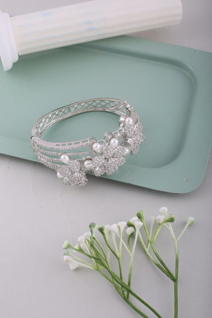 Pearl Flower American Diamond Kada - Silver, styled flat lay