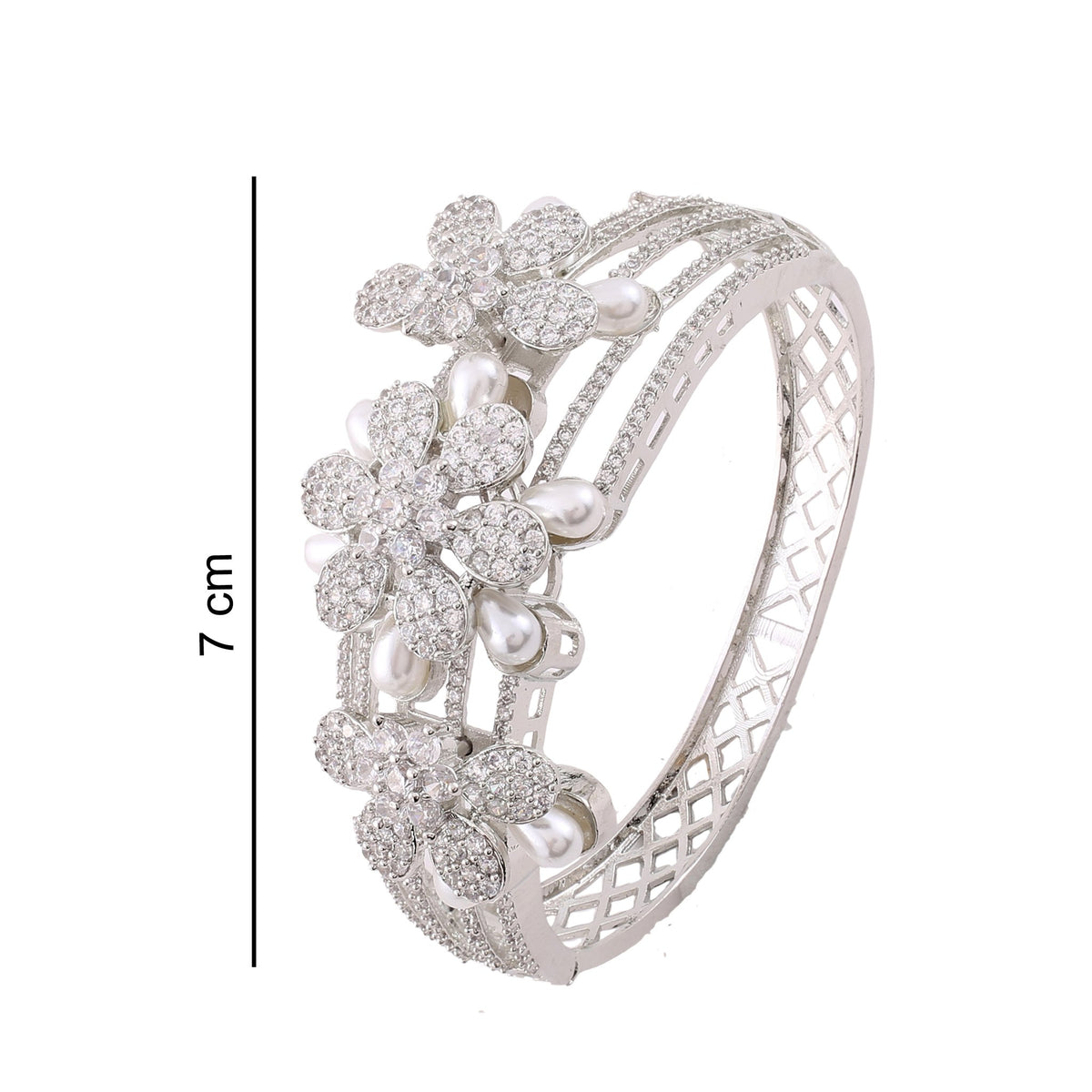 Pearl Flower American Diamond Kada - Silver, with dimensions