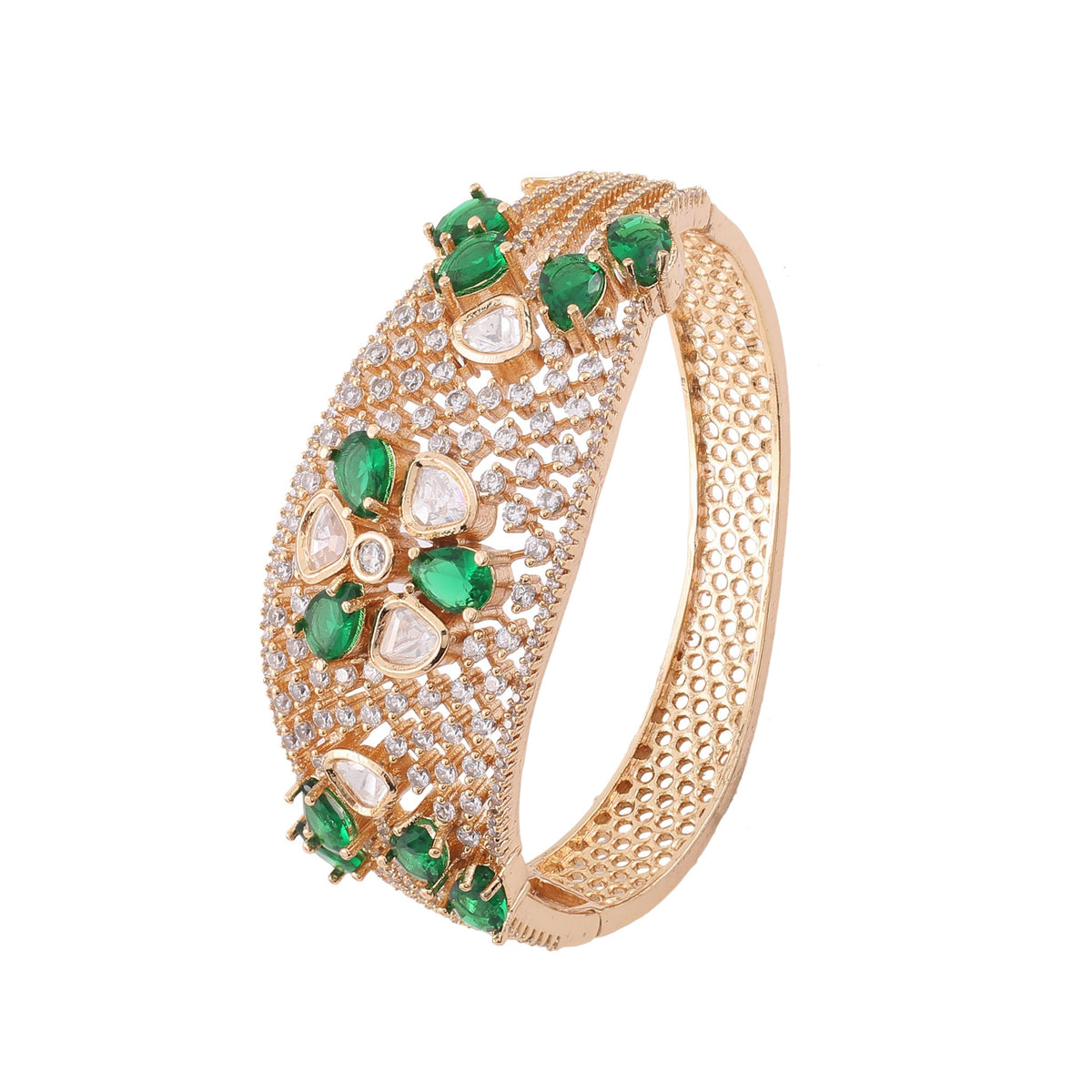 Polki Flower American Diamond Kada - Emerald Green
