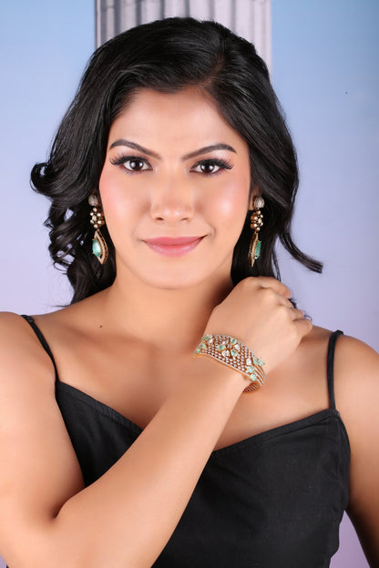 Polki Flower American Diamond Kada - Mint Green, worn by model