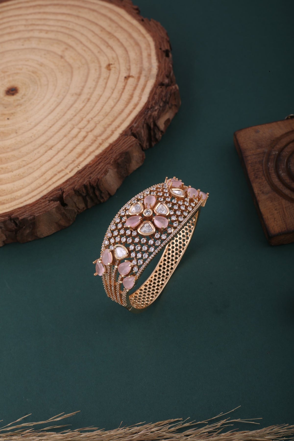 Polki Flower American Diamond Kada - Pink, styled flat lay