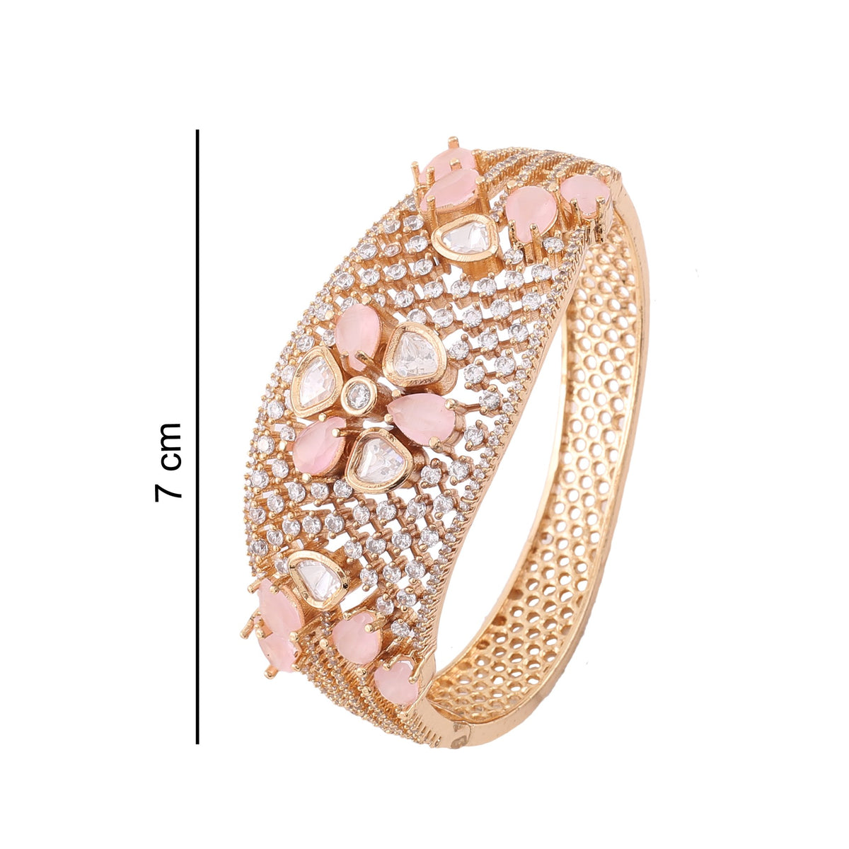 Polki Flower American Diamond Kada - Pink, with dimensions
