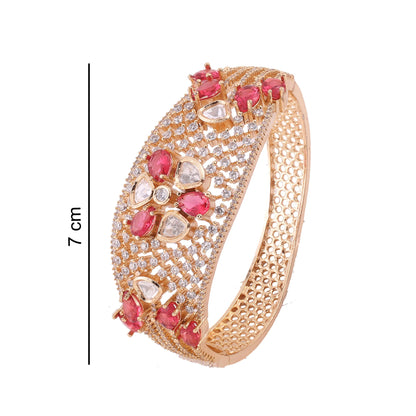 Polki Flower American Diamond Kada - Ruby Red, with dimensions
