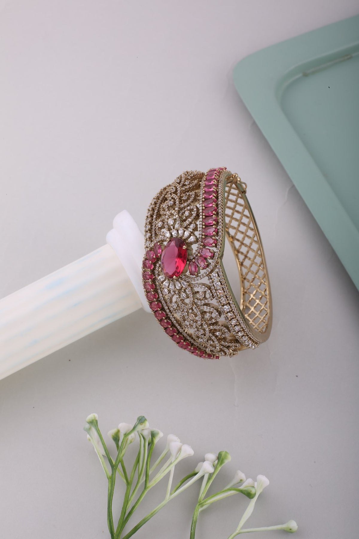 Victorian American Diamond Wave Kada - Pink, styled flat lay