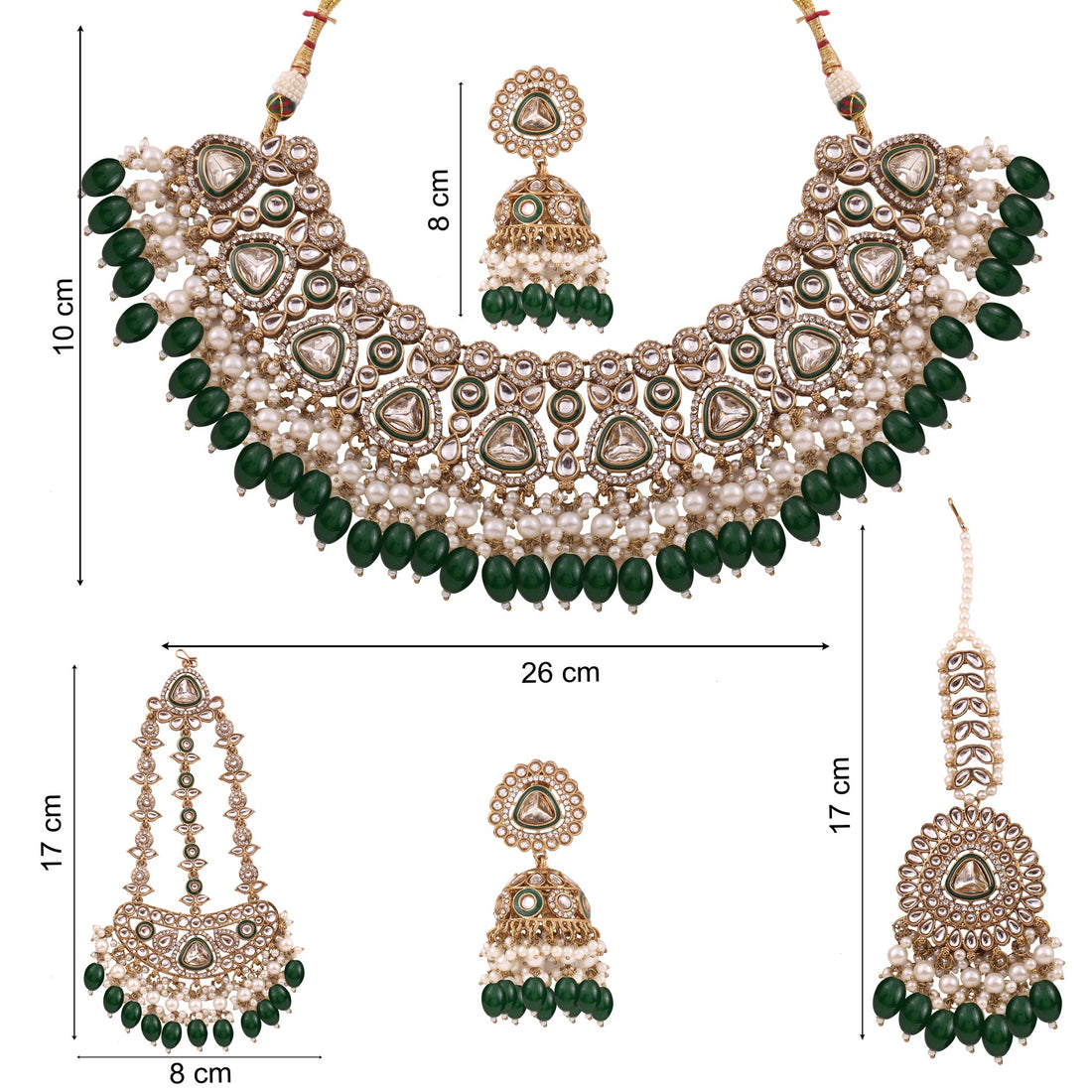 Emerald Polki Bridal Choker Set with Jhumkas, Maang Tikka &amp; Passa