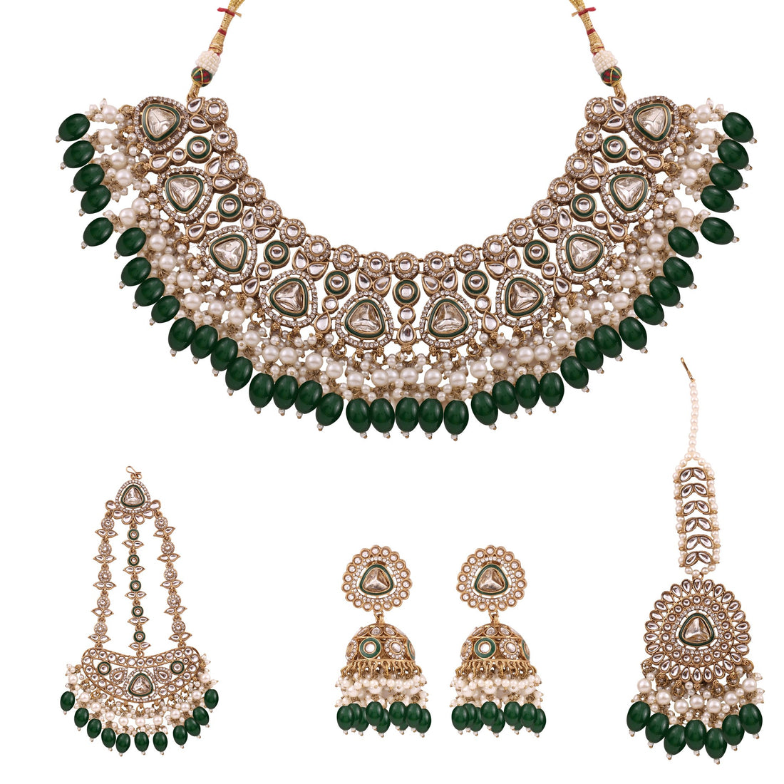 Emerald Polki Bridal Choker Set with Jhumkas, Maang Tikka &amp; Passa, with dimensions