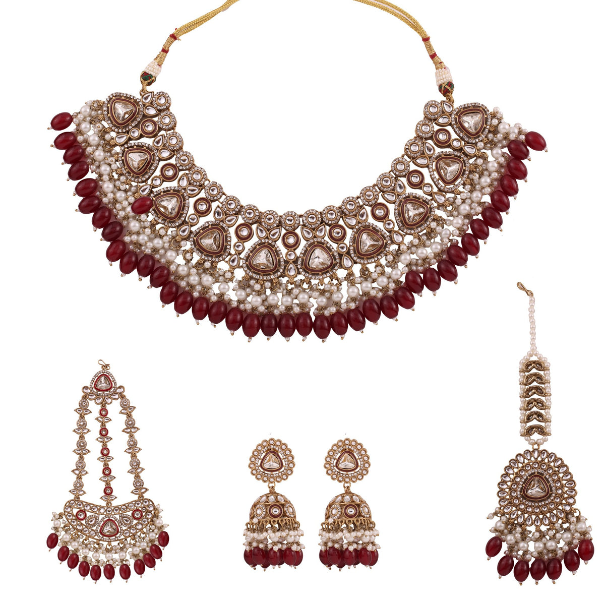 Ruby Polki Bridal Choker Set with Jhumkas, Maang Tikka &amp; Passa