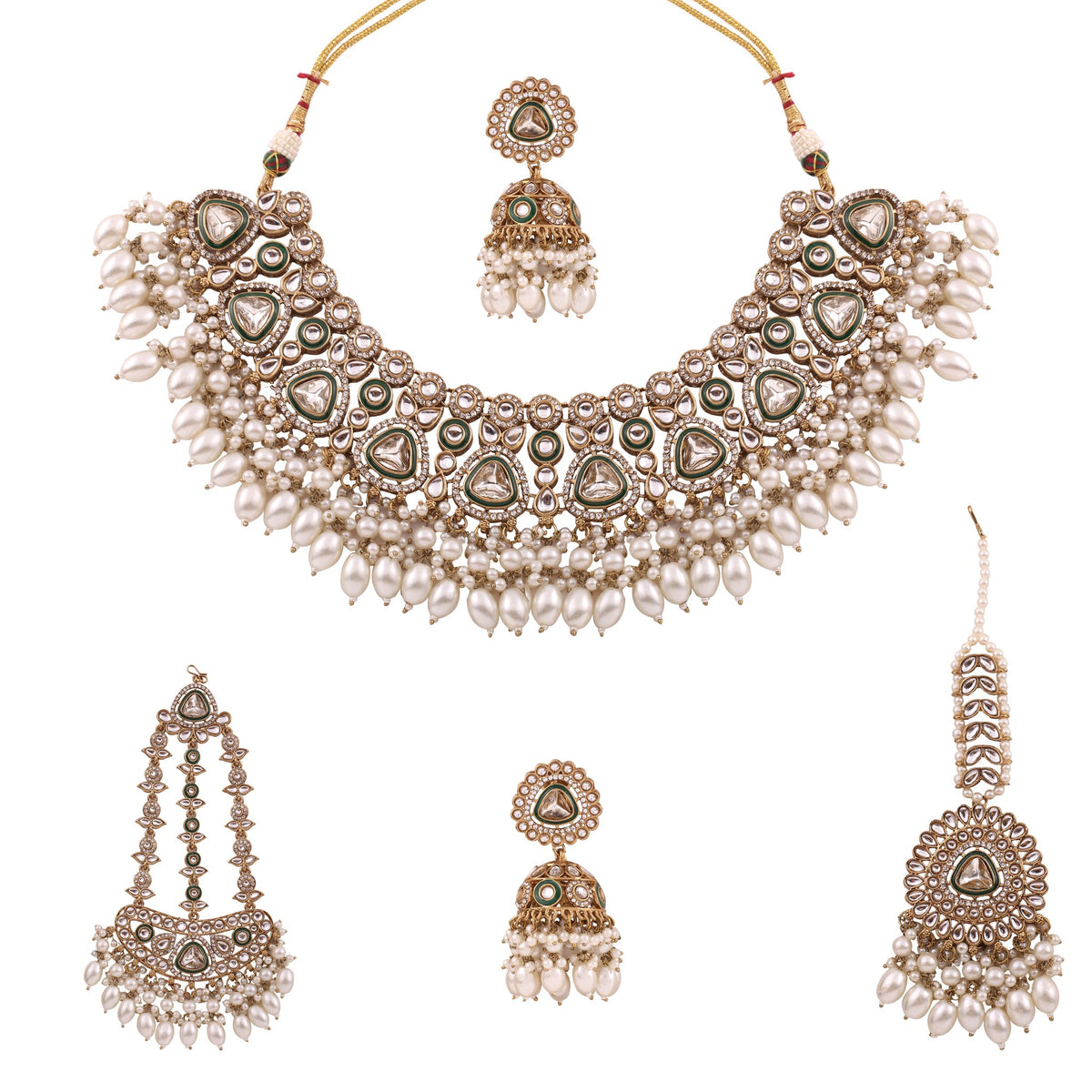 Pearl Polki Bridal Choker Set with Jhumkas, Maang Tikka &amp; Passa