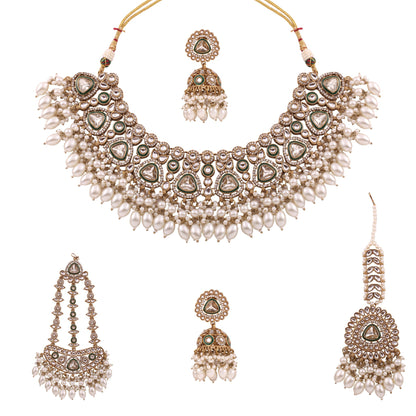 Pearl Polki Bridal Choker Set with Jhumkas, Maang Tikka &amp; Passa