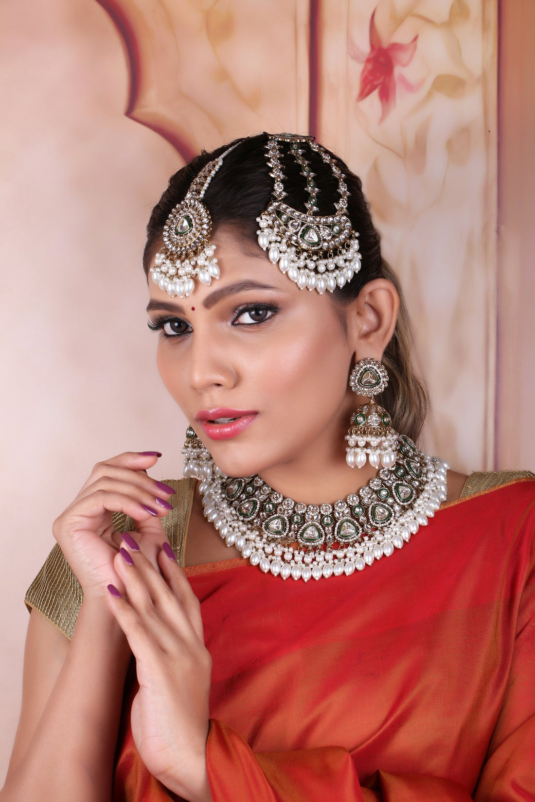 Pearl Polki Bridal Choker Set with Jhumkas, Maang Tikka &amp; Passa, worn by model