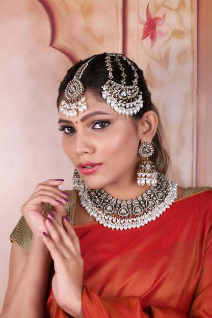 Pearl Polki Bridal Choker Set with Jhumkas, Maang Tikka &amp; Passa, worn by model