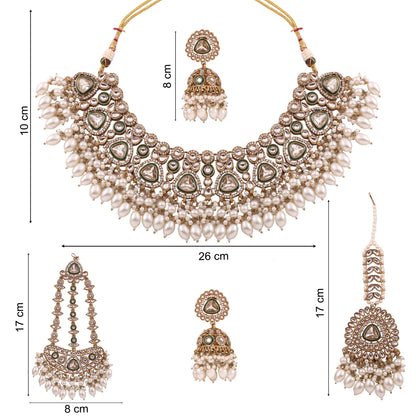 Pearl Polki Bridal Choker Set with Jhumkas, Maang Tikka &amp; Passa, with dimensions