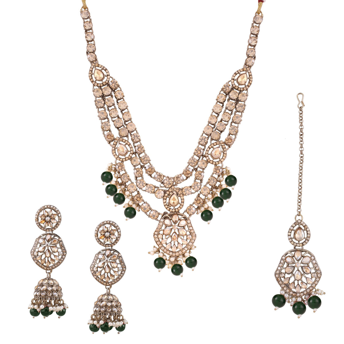 Emerald Green Three Layer Polki Necklace Set with Jhumkas &amp; Maang Tikka