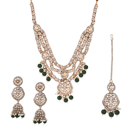 Emerald Green Three Layer Polki Necklace Set with Jhumkas &amp; Maang Tikka