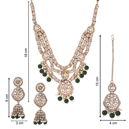 Emerald Green Three Layer Polki Necklace Set with Jhumkas &amp; Maang Tikka, with dimensions
