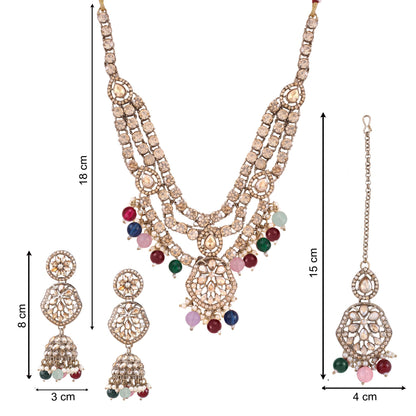 Multicolor Three Layer Polki Necklace Set with Jhumkas &amp; Maang Tikka, with dimensions