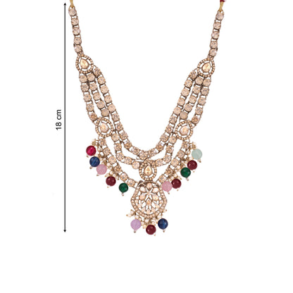Multicolor Three Layer Polki Necklace Set with Jhumkas &amp; Maang Tikka, alternate view