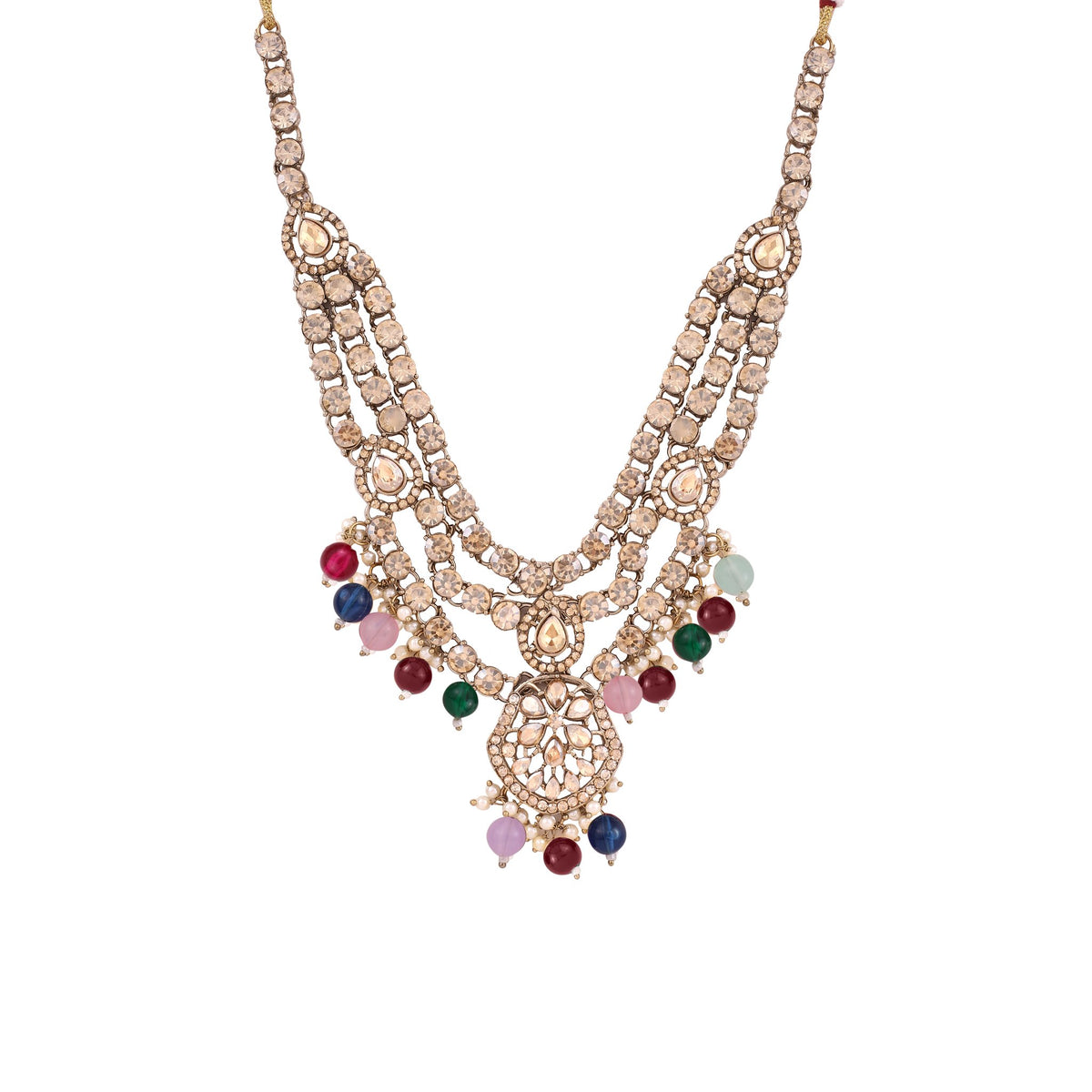 Multicolor Three Layer Polki Necklace Set with Jhumkas &amp; Maang Tikka, alternate view