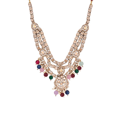 Multicolor Three Layer Polki Necklace Set with Jhumkas &amp; Maang Tikka, alternate view