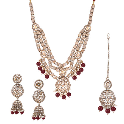 Ruby Red Three Layer Polki Necklace Set with Jhumkas &amp; Maang Tikka