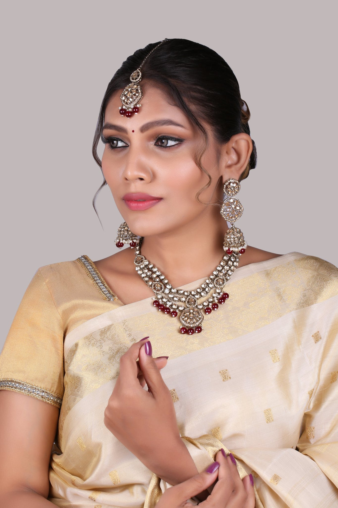 Ruby Red Three Layer Polki Necklace Set with Jhumkas &amp; Maang Tikka, worn by model