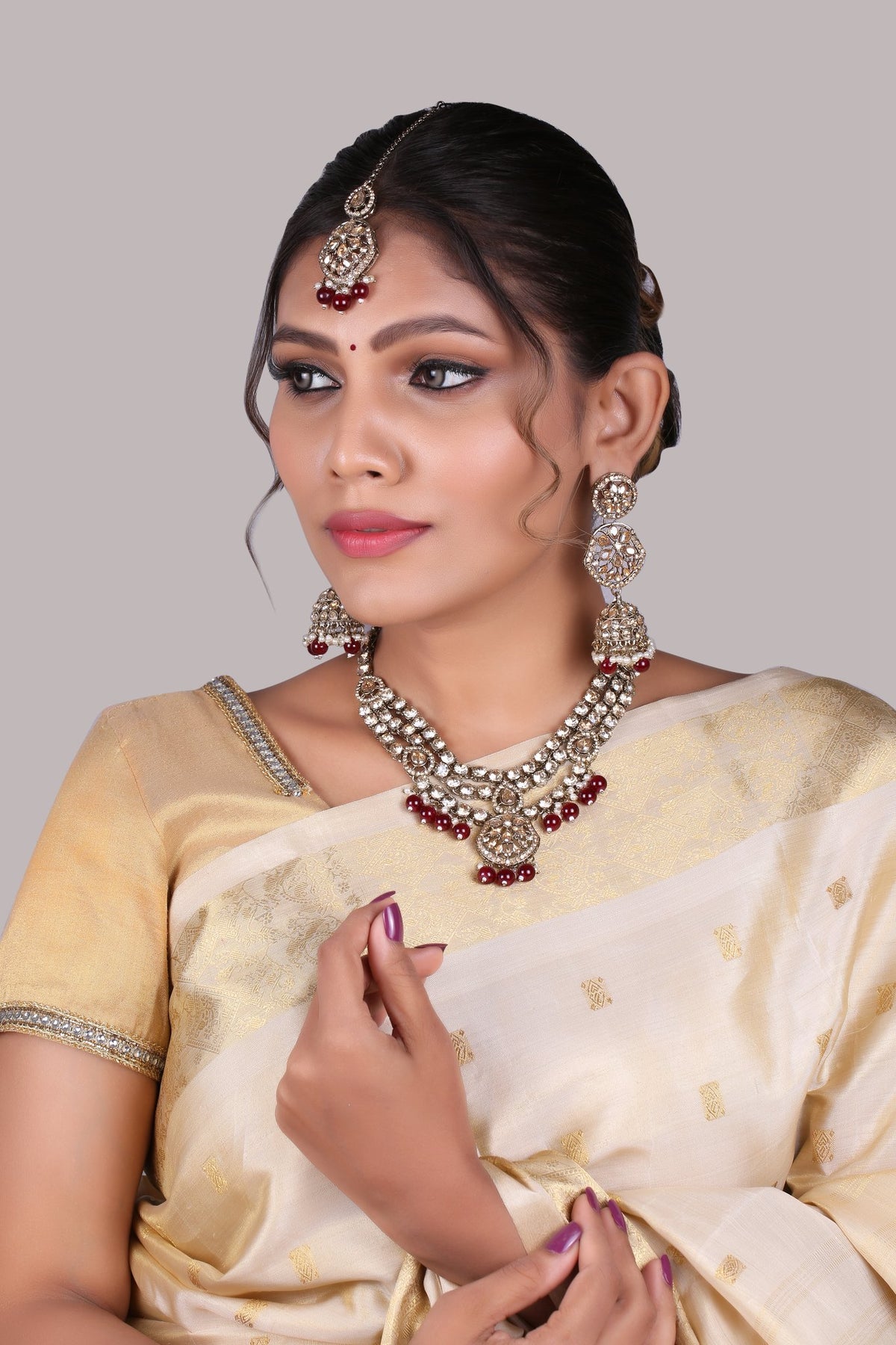 Ruby Red Three Layer Polki Necklace Set with Jhumkas &amp; Maang Tikka, worn by model