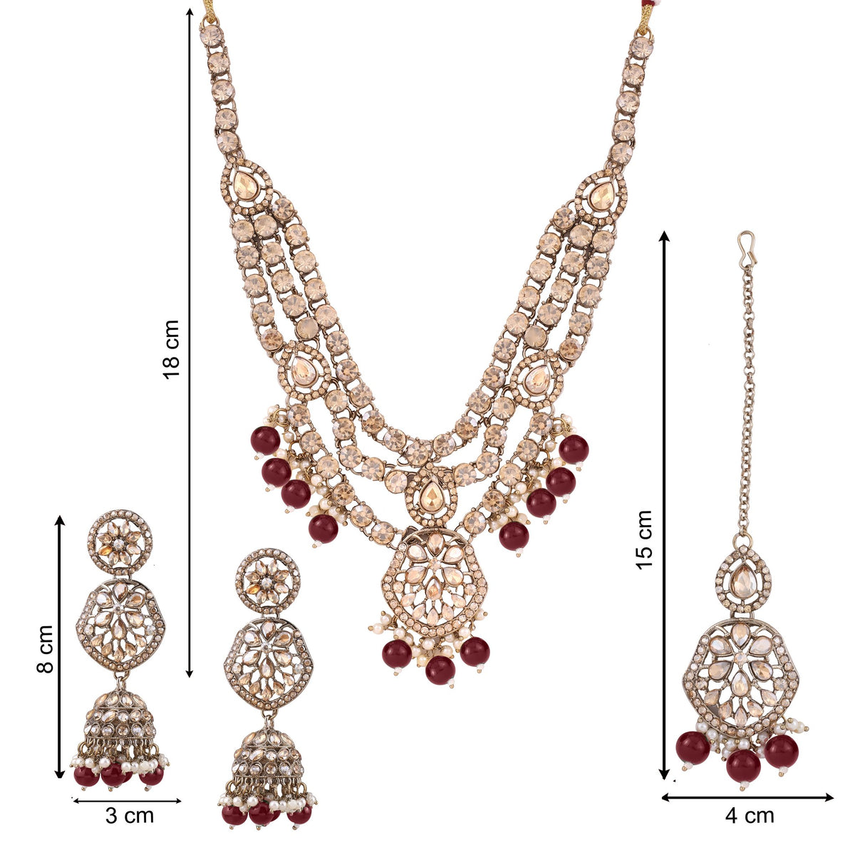 Ruby Red Three Layer Polki Necklace Set with Jhumkas &amp; Maang Tikka, with dimensions