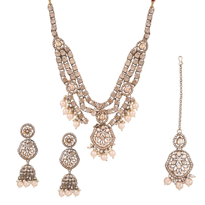 Pearl Three Layer Polki Necklace Set with Jhumkas &amp; Maang Tikka