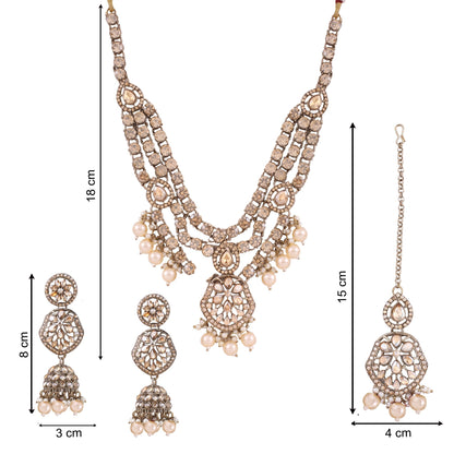 Pearl Three Layer Polki Necklace Set with Jhumkas &amp; Maang Tikka, with dimensions