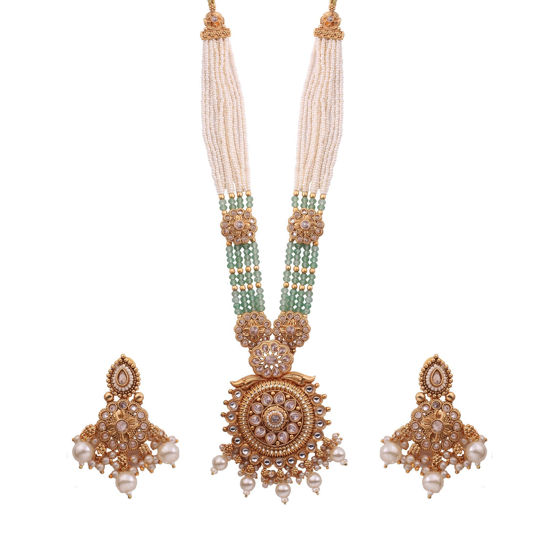 Pearl &amp; Mint Bead Long Necklace Set with Antique Gold Pendant